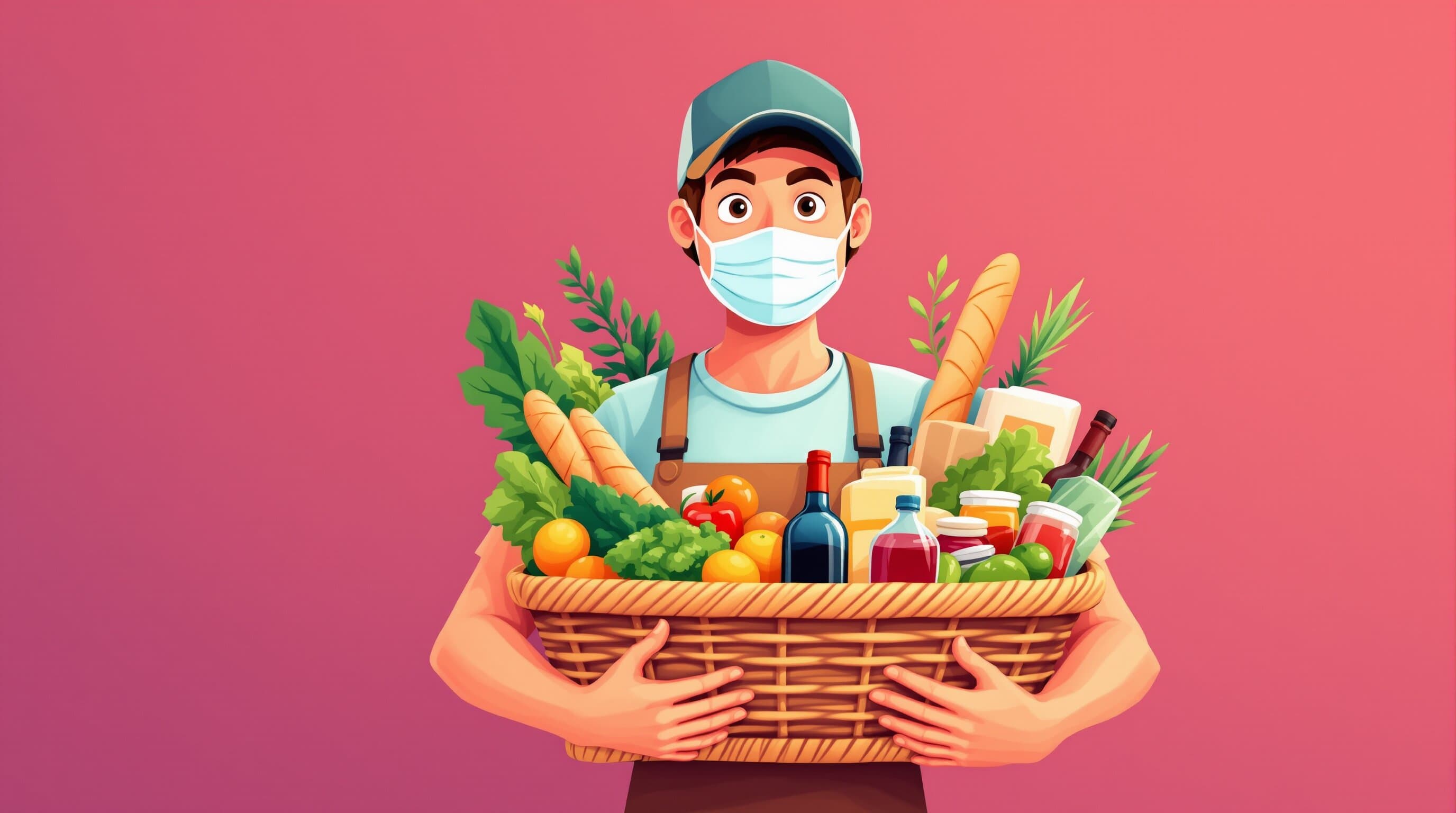 Delivery courier with a basket of fresh groceries